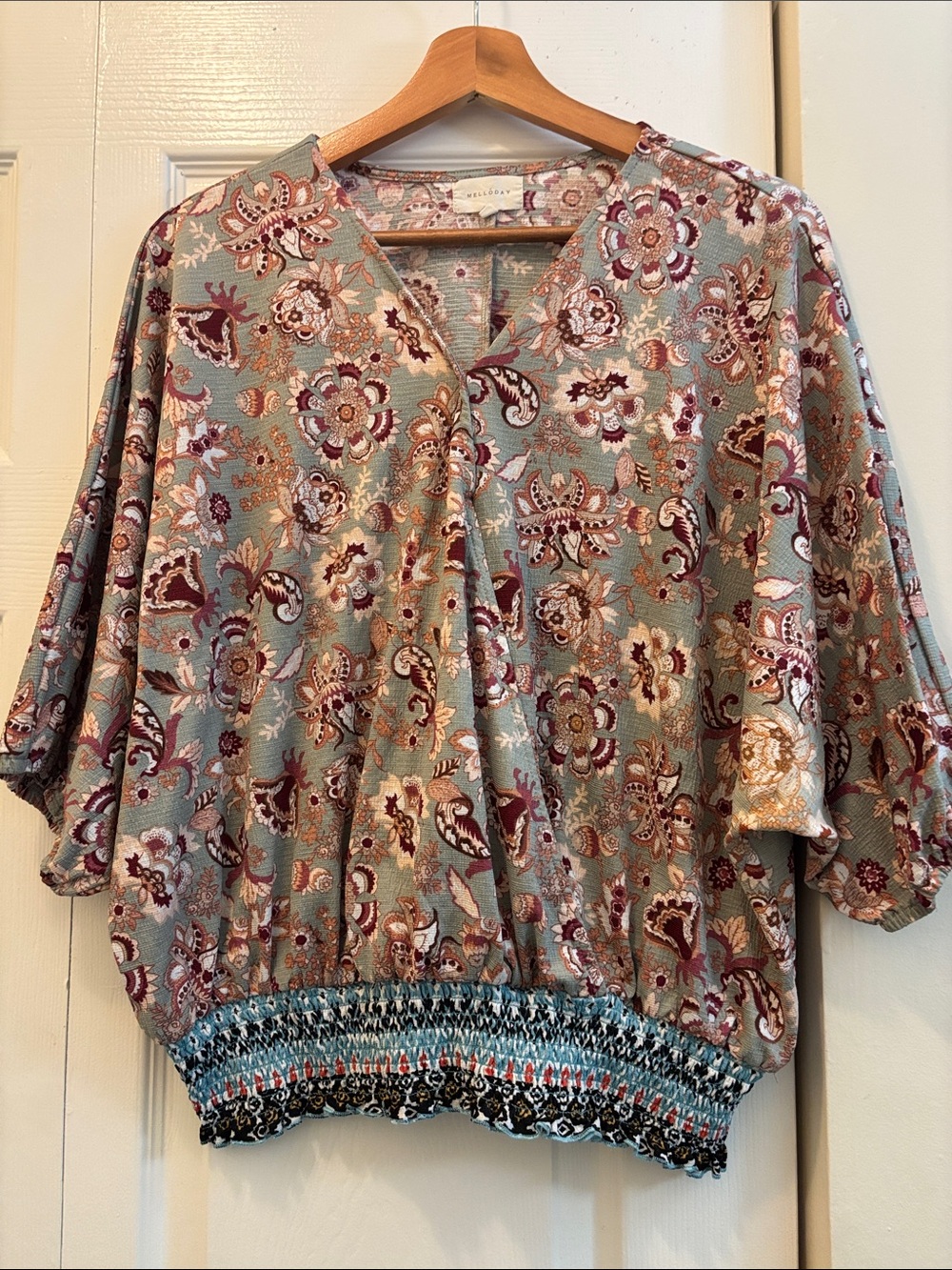 MELLODAY Sage Green Floral Paisley V-Neck Wrap Western Blouse